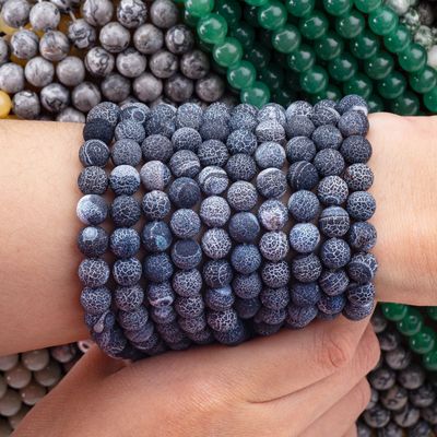 Black Weathered Agate Loose Bead Strands Semi Precious Stone Matt Frosted Cracked Agate for DIY Jewelry Making