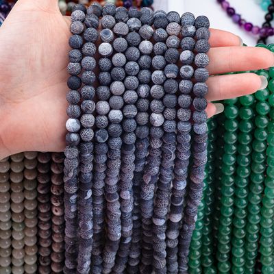 Black Weathered Agate Loose Bead Strands Semi Precious Stone Matt Frosted Cracked Agate for DIY Jewelry Making