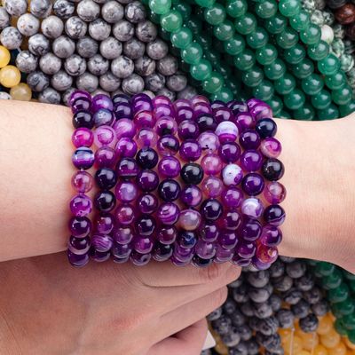 Purple Stripped Agate Healing 8mm Round Gemstone Beads For Gift Giving