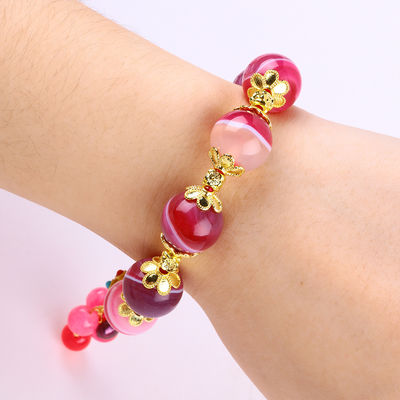14mm Pink Agate Stone Bracelet With Purple Nine Tail Fox Carving