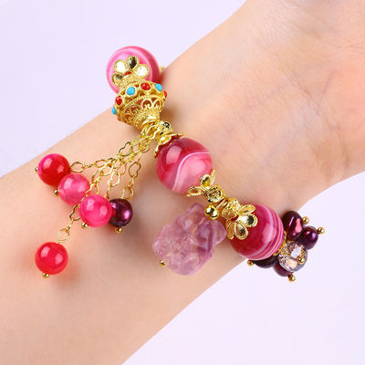 14mm Pink Agate Stone Bracelet With Purple Nine Tail Fox Carving