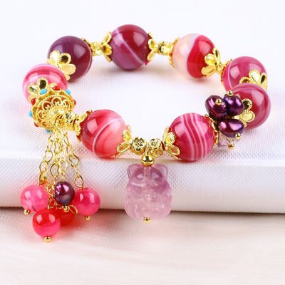 14mm Pink Agate Stone Bracelet With Purple Nine Tail Fox Carving