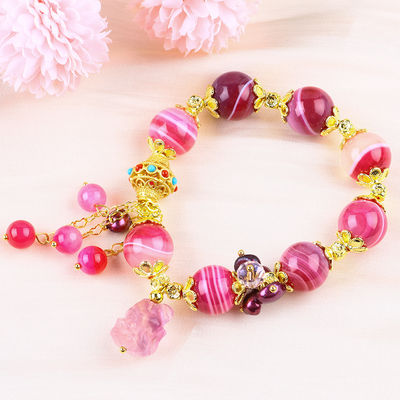 14mm Pink Agate Stone Bracelet With Purple Nine Tail Fox Carving