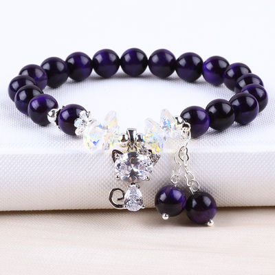 Purple Tiger Eye Semi Precious Stone Bracelets 8mm Bead Handmade Gemstone Bracelets