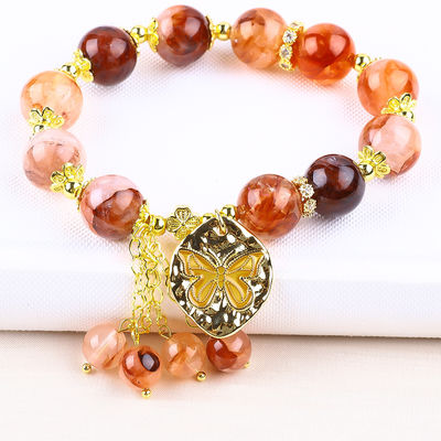 Handmade Gemstone Beaded Bracelet Hematite Quartz Sphere Stone Bracelet Adjustable Butterfly Charms Bracelet For Party