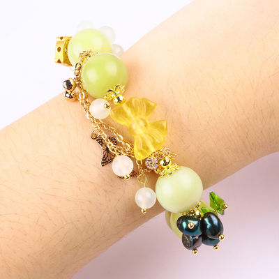 Handmade Gemstone Beaded Bracelet Lemon Jade Stone Bracelet Adjustable Peal Charms Bracelet For Party Daily Wearing