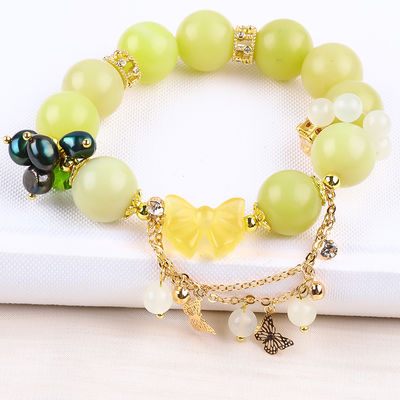 Handmade Gemstone Beaded Bracelet Lemon Jade Stone Bracelet Adjustable Peal Charms Bracelet For Party Daily Wearing