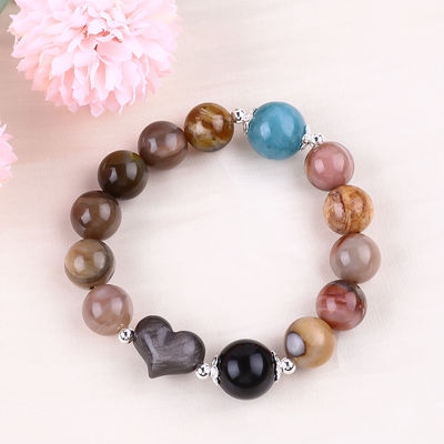 Handmade Gemstone Beaded Bracelet Natural Petrified Wood Stone Bracelet Adjustable Peal Charms Bracelet For Party Daily