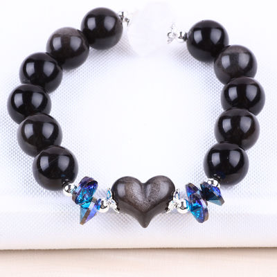 Handmade Gemstone Beaded Bracelet Natural Silver Sheen Obsidian Stone Bracelet Adjustable Heart Charm Bracelet For Party
