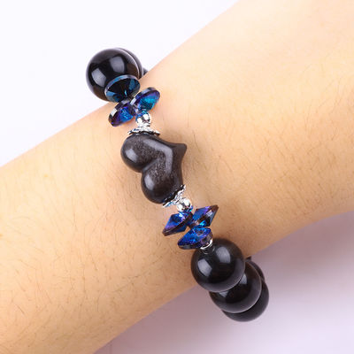 Handmade Gemstone Beaded Bracelet Natural Silver Sheen Obsidian Stone Bracelet Adjustable Heart Charm Bracelet For Party