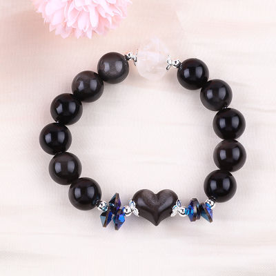 Handmade Gemstone Beaded Bracelet Natural Silver Sheen Obsidian Stone Bracelet Adjustable Heart Charm Bracelet For Party