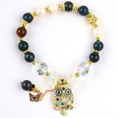 Handmade Gemstone Beaded Bracelet Natural Indian Agate Stone Bracelet Adjustable Owl Charms Bracelet For Party Daily