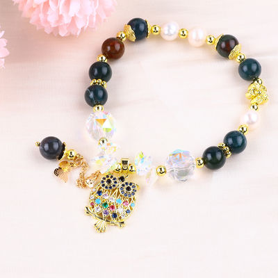 Handmade Gemstone Beaded Bracelet Natural Indian Agate Stone Bracelet Adjustable Owl Charms Bracelet For Party Daily