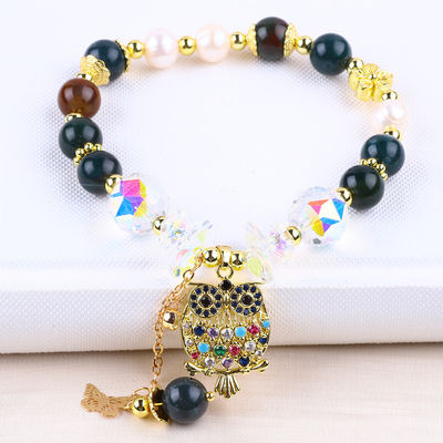 Handmade Gemstone Beaded Bracelet Natural Indian Agate Stone Bracelet Adjustable Owl Charms Bracelet For Party Daily