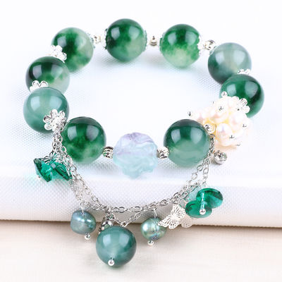 Handmade Gemstone Beaded Bracelet Green Chalcedony Stone Bracelet Adjustable Peal Charm Bracelet For Party Daily Wearing