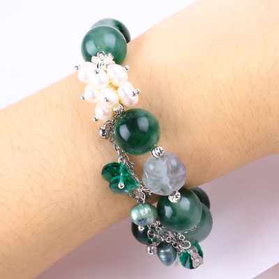 Handmade Gemstone Beaded Bracelet Green Chalcedony Stone Bracelet Adjustable Peal Charm Bracelet For Party Daily Wearing