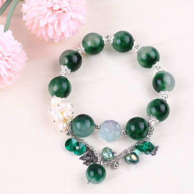 Handmade Gemstone Beaded Bracelet Green Chalcedony Stone Bracelet Adjustable Peal Charm Bracelet For Party Daily Wearing
