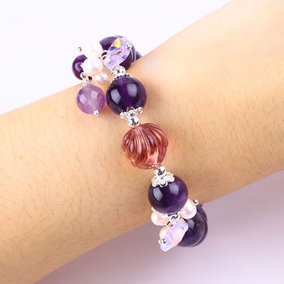 Handmade Gemstone Beaded Bracelet Dark Amethyst Stone Bracelet Adjustable Peal Charms Bracelet For Party Daily Wearing