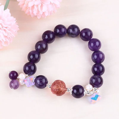 Handmade Gemstone Beaded Bracelet Dark Amethyst Stone Bracelet Adjustable Peal Charms Bracelet For Party Daily Wearing