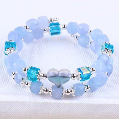 Handmade Gemstone Beaded Bracelet Aquamarine Stone Bracelet Adjustable Heart Charms Bracelet For Party Daily Wearing