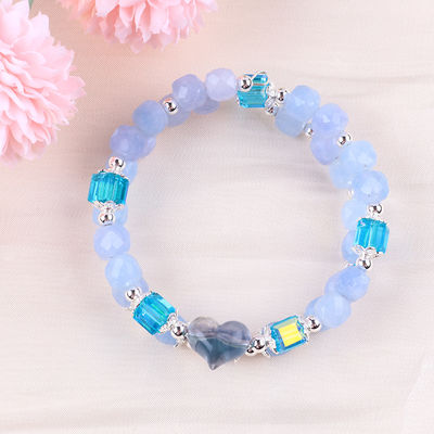 Handmade Gemstone Beaded Bracelet Aquamarine Stone Bracelet Adjustable Heart Charms Bracelet For Party Daily Wearing