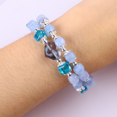 Handmade Gemstone Beaded Bracelet Aquamarine Stone Bracelet Adjustable Heart Charms Bracelet For Party Daily Wearing