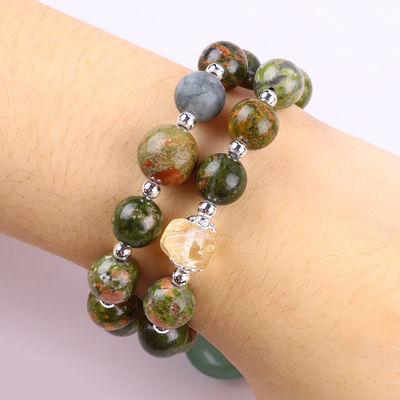 Handmade Gemstone Beaded Bracelet Natural Unakite Stone Bracelet Adjustable Heart Green Aventurine Charms Bracelet For P