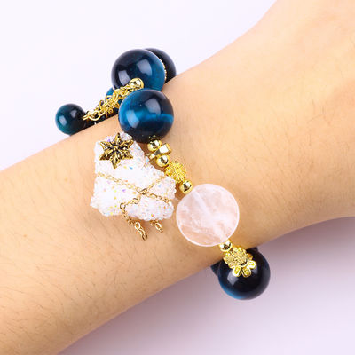 Handmade Gemstone Beaded Bracelet Natural Blue Tiger's Eye Stone Bracelet Adjustable Heart Charms Bracelet For Party