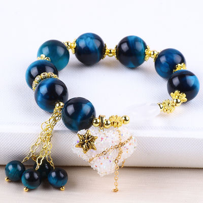 Handmade Gemstone Beaded Bracelet Natural Blue Tiger's Eye Stone Bracelet Adjustable Heart Charms Bracelet For Party