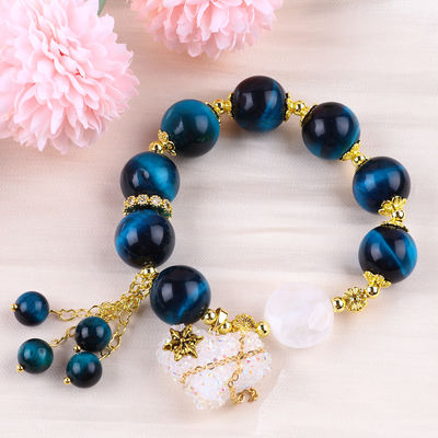 Handmade Gemstone Beaded Bracelet Natural Blue Tiger's Eye Stone Bracelet Adjustable Heart Charms Bracelet For Party