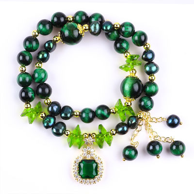 Handmade Gemstone Beaded Bracelet Natural Green Tiger's Eye Stone Bracelet Adjustable Charms Bracelet For Party Daily We