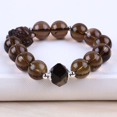 14mm Bead Smoky Quartz Crystal Bead Bracelet With Nine Tail Fox Carving