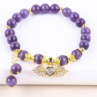 8mm Crystal Purple Cat Eye Bead Polished Gemstone Stretch Bracelets