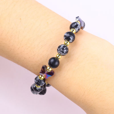 8MM Healing Natural Stone Snowflake Obsidian With Purple  Butterfly Charm Bead Bracelet