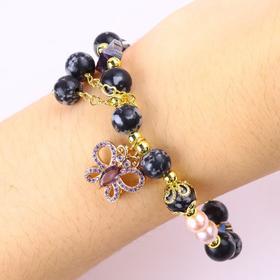8MM Healing Natural Stone Snowflake Obsidian With Purple  Butterfly Charm Bead Bracelet