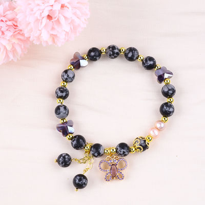 8MM Healing Natural Stone Snowflake Obsidian With Purple  Butterfly Charm Bead Bracelet