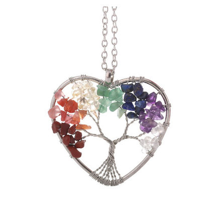 Meditation Life Tree Heart Shaped Chakra Stone Crystal Necklace Adjustable Size