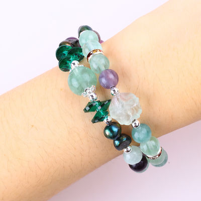 Custom DIY Fluorite Crystal With Fluorite Rose Flower Carving 8MM Round Bead Adjustable Bangle