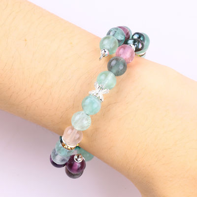 Custom DIY Fluorite Crystal With Fluorite Rose Flower Carving 8MM Round Bead Adjustable Bangle
