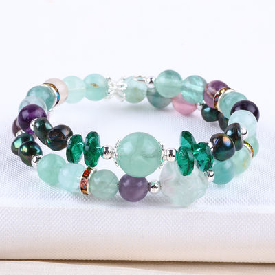 Custom DIY Fluorite Crystal With Fluorite Rose Flower Carving 8MM Round Bead Adjustable Bangle