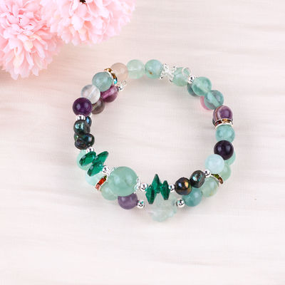Custom DIY Fluorite Crystal With Fluorite Rose Flower Carving 8MM Round Bead Adjustable Bangle