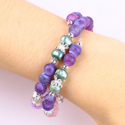 8MM Handmad DIY Weathered Agate Crystal Round Bead Adjustable Double Layer Bangle