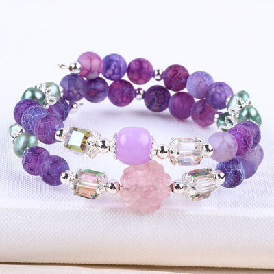 8MM Handmad DIY Weathered Agate Crystal Round Bead Adjustable Double Layer Bangle