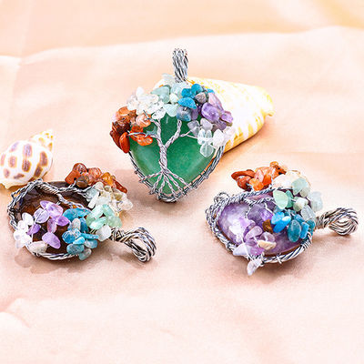 Adjustable Tiger'S Eye Gemstone 7 Chakra Tree Of Life Necklace Pendant