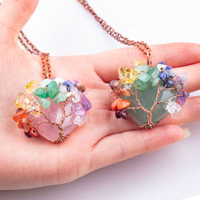 Rose Quartz Heart Shape Crystal Tree Chakra Gem Necklace