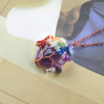 Rose Quartz Heart Shape Crystal Tree Chakra Gem Necklace