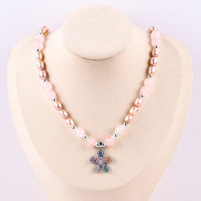 Fresh Water Pearl Necklace Rose Quartz 6mm Beads Crystal Sweater Necklace