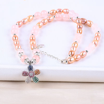 Fresh Water Pearl Necklace Rose Quartz 6mm Beads Crystal Sweater Necklace