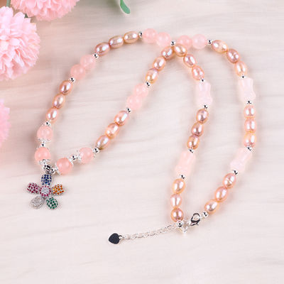 Fresh Water Pearl Necklace Rose Quartz 6mm Beads Crystal Sweater Necklace