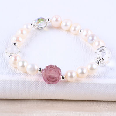 Natural Freshwater Pearl Bracelet Elastic With Purple Fluorite Rose Flower Carving